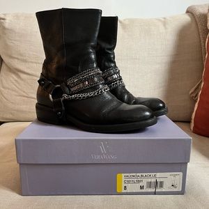 Vera Wang Leather Chain-Link Accents Moto Boots